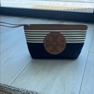 Tory Burch Striped Navy and White Clutch with Brown Accents